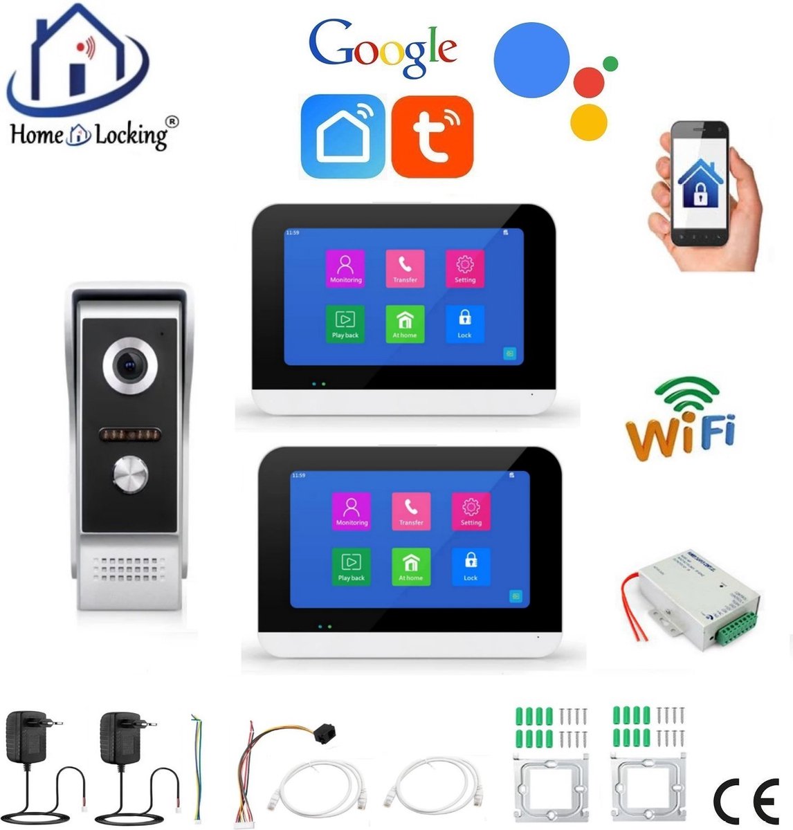 Smart WIFI deur intercom 2 touchscreen met voeding voor elektrisch slot en kan samenwerken met spraakgestuurde apps. T-2301V-1-2