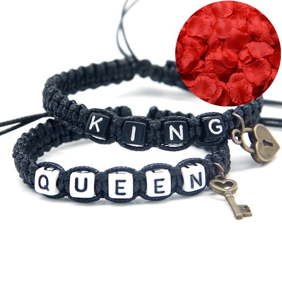 King & Queen Armband Set + Rozenblaadjes = Valentijn Cadeautje voor Hem en Haar - Valentijnsdag voor Mannen Cadeau Kadootjes