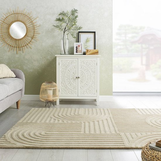 Flycarpets Zen Modern Japandi - Laagpolig - 100% Wol Vloerkleed - Naturel / Beige - 160x230 cm