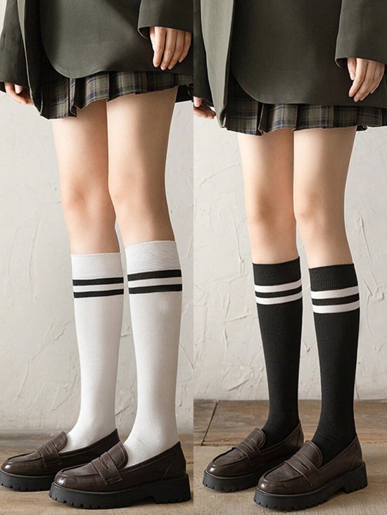 Hoge Sokken Vrouwen - Kousen - vintage Sokken - 2 paar sokken - Thigh Highs Socks - Socks-Wit/ Zwart