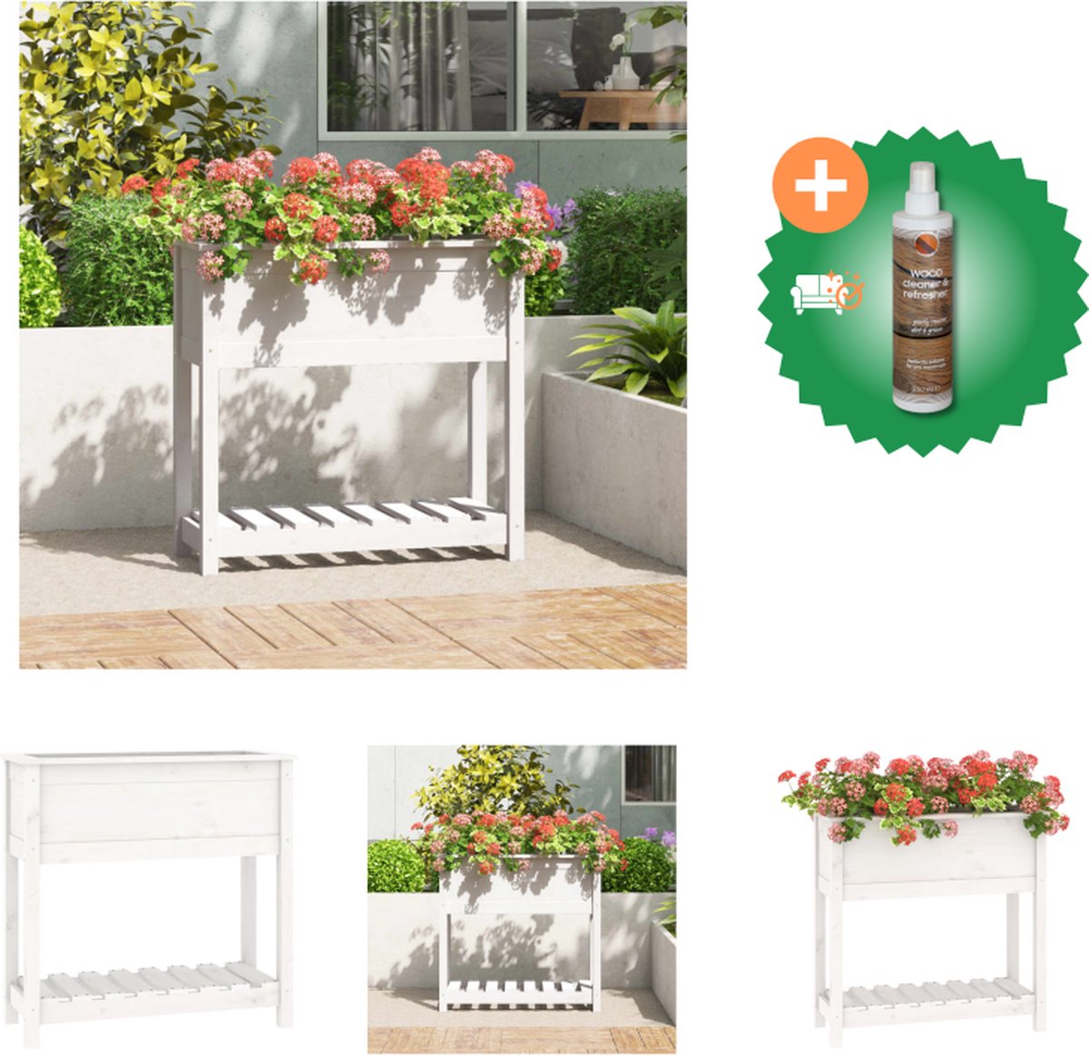 VidaXL Plantenbak met schap 82 5x34 5x81 cm massief grenenhout wit Bloempot Inclusief Houtreiniger en verfrisser