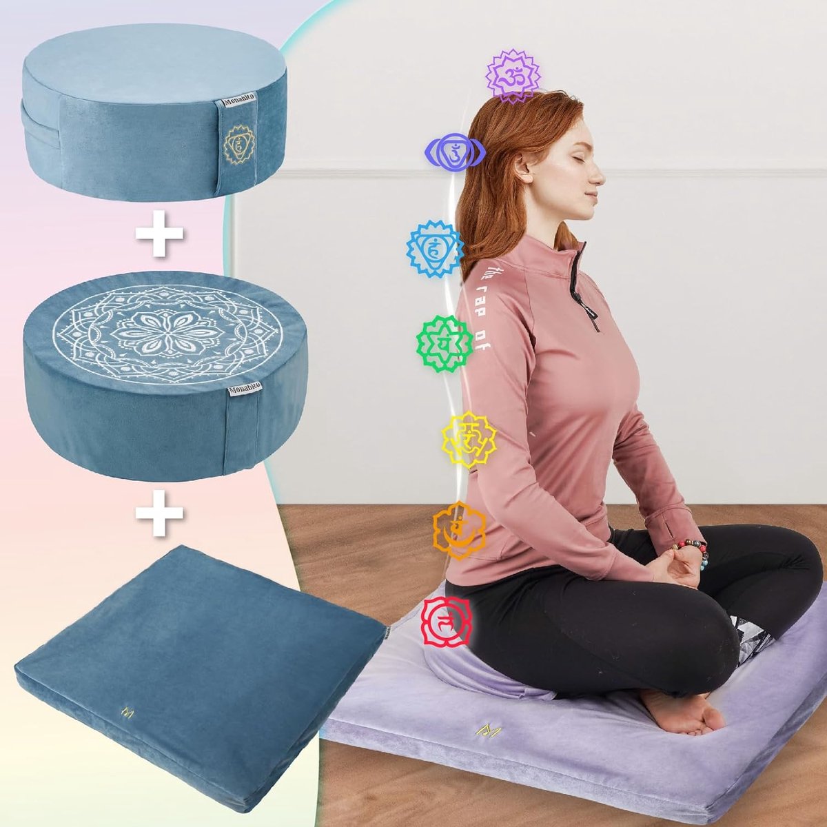 hunnidspace Meditationskissen mit waschbarem Premium-Samtbezug, Memory-Schaum, quadratisch, Bodensitz, mit Buchweizenfüllung, für Erwachsene und Kinder, Yoga, Lesen (schwarzes Bündel