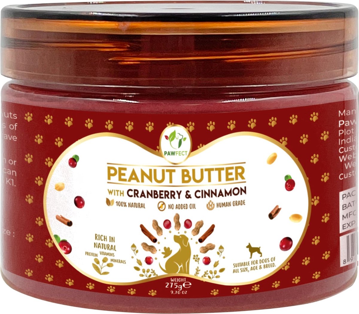 Pawfect Pindakaas voor honden - Veenbessen & Kaneel - 275 gr.