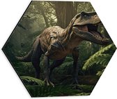 Dibond Hexagon - Dinosaurus - Bos- Dier - Wild - Vroeger - 30x26.1 cm Foto op Hexagon (Met Ophangsysteem)