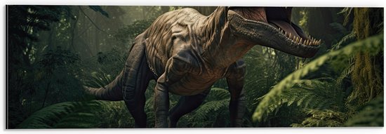 Dibond - Dinosaurus - Bos- Dier - Wild - Vroeger - 60x20 cm Foto op Aluminium (Wanddecoratie van metaal)