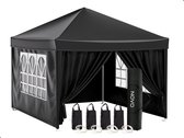 NOVO® Partytent - Easy up - 3 x 3m - Paviljoen - Zijwanden - Opvouwbaar - Waterdicht - Hoogte Verstelbaar - Zwart