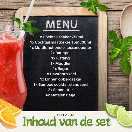 BELLAVITA ® Cocktail Set - 16-delig - 750ml - Cocktail shaker - Cocktailset - Cocktailshaker - Bartender set - Maatbeker - RVS - Bamboe - Drank - Drankjes maken - Feest