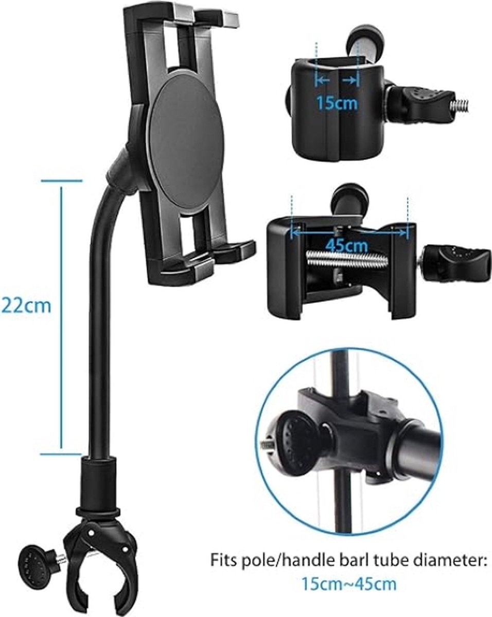 LYFPOOM Col De Cygne Support Tablette Vélo - Métallique Intégré, Rotatif 360° Pour IPad, Samsung, IPhone 4.7-12.9"