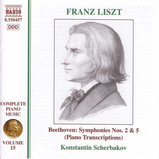 Lissantrek van Franz Liszt, zittend profiel. Complete Piano Music, Volume 15. Beethoven: Symphonies Nos. 2 & 5 (Piano Transcriptions). Konstantin Scherbakov.