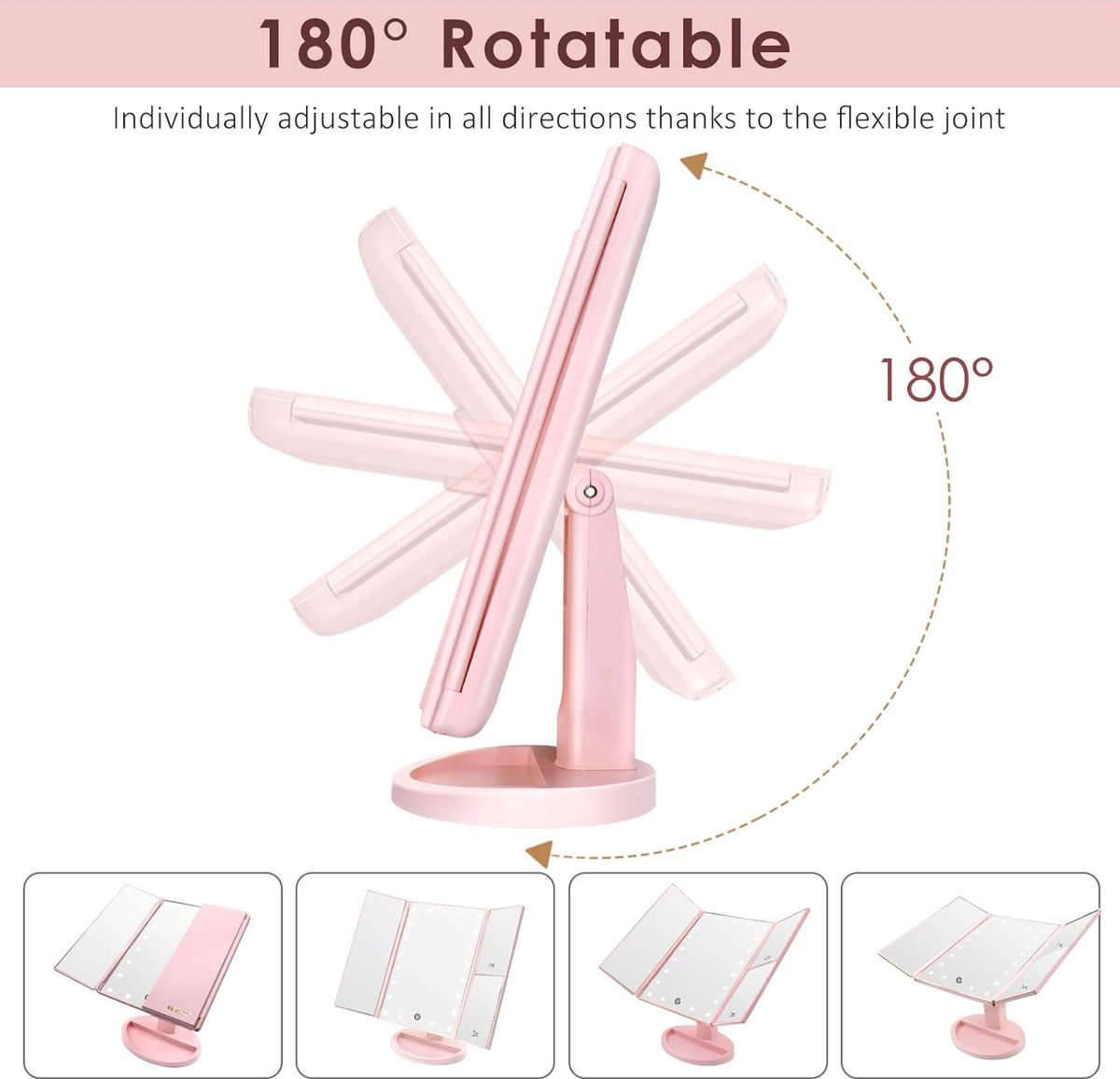 WEILY Miroir de maquillage lumineux grossissant 1x/2x/3x avec 36 lumières LED, écran tactile et chargement USB, support réglable à 180 degrés pour comptoir de maquillage (noir