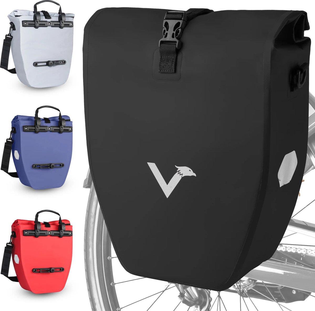 Grote en waterdichte bagagedragertas - ValkBasic - Zwart - 20L capaciteit - Fietstas voor bagagedrager met reflectoren in zwart