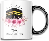 Umrah Mabroor - Islamitische Zwarte Mok - Gepersonaliseerd - Eid - Umrah - Hadj - Mekka - Opdruk - Bloem - Geschenk