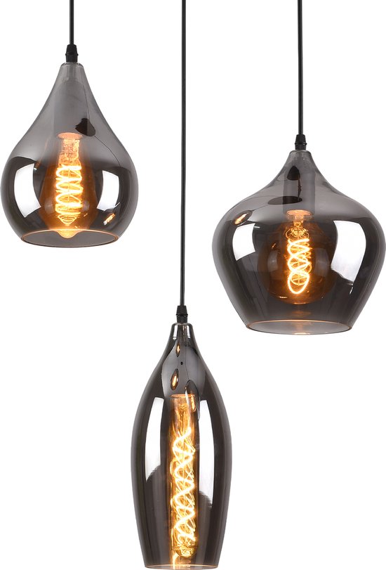 HeyHeaven® Smoke Glas Hanglamp 3 Lichts | Industrieel | Woonkamer | Eetkamer | Slaapkamer | Zilver Rookglas