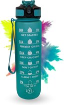 Innovaland Motivatie Waterfles Turquoise - 1 Liter Drinkfles - Waterfles met Rietje - Waterfles met tijdmarkering - BPA Vrij - Volwassenen - Kinderen
