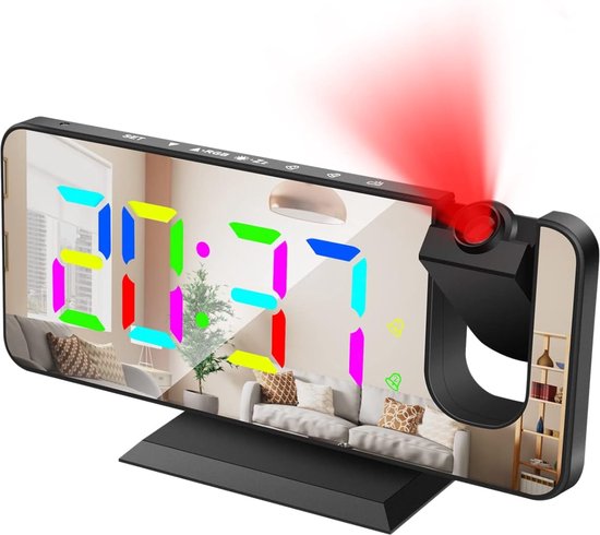 Wekkers voor Slaapkamers, Projectie Digitale Wekker op Plafondwand met tijd-, datum- en Temperatuurweergave, 180° Groothoekprojectie, Snooze Usb-aangedreven Spiegelwekker (Wit