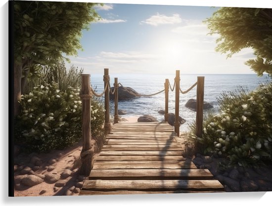 Canvas - Bomen - Bloemen - Planten - Hout - Pad - Water - Zee - Strand - Zand - Zon - 100x75 cm Foto op Canvas Schilderij (Wanddecoratie op Canvas)