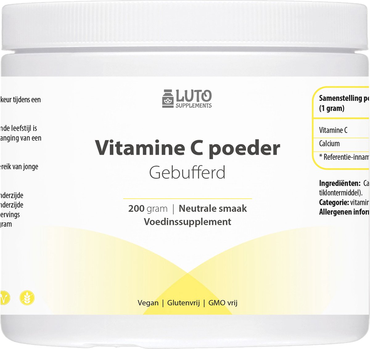 Luto Supplement - Vitamine C gebufferd poeder - 200 g - 873 mg per dosering - pH neutraal & zeer goed te verdragen - Veganistisch