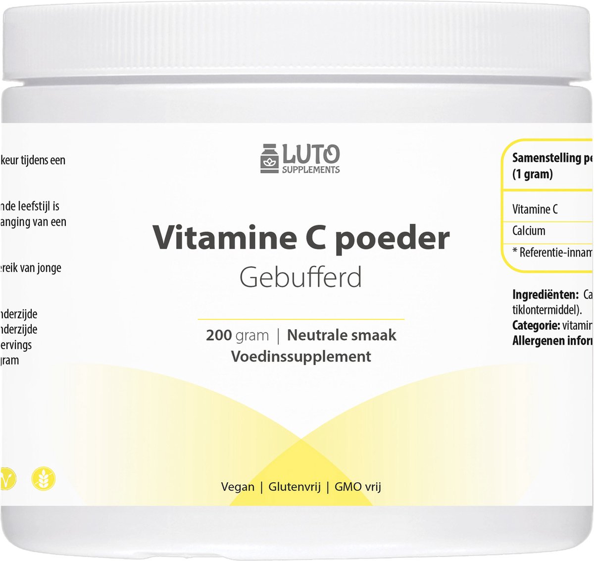 Goedkoopste Luto Supplement - Vitamine C gebufferd poeder - 200 g - 873 mg per dosering - pH neutraal & zeer goed te verdragen - Veganistisch