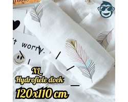 BoefieBoef XL Hydrofiele Doek 120x110cm - Zachte Bamboe Swaddle, Inbakerdoek, Mousseline Doek voor Baby's en Newborns 0 tot 12 maanden - Veer Wit - Dubbellaags, Ademend en Absorberend - Kerst en KraamCadeau - - Duurzaam - Babydeken - Roze Blauw Geel