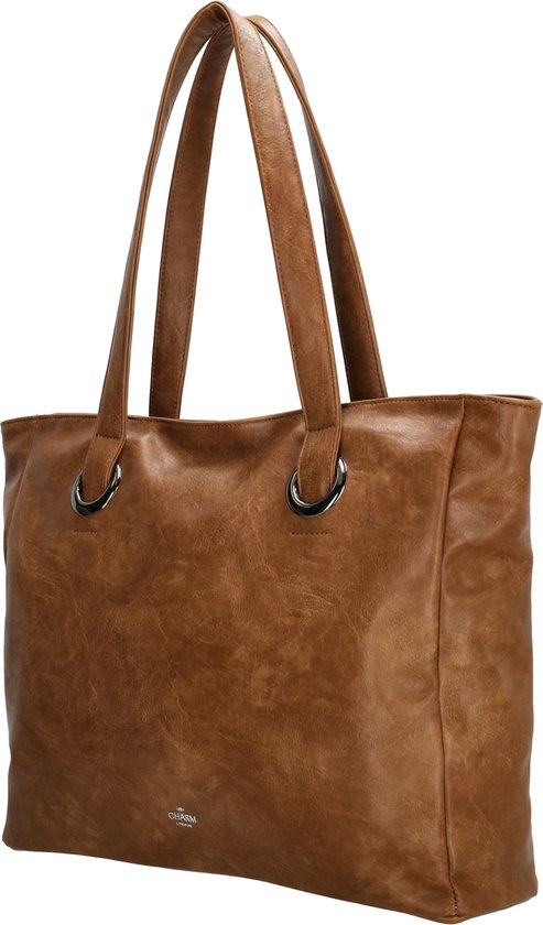 Sacoche ordinateur marron avec anneaux argentés, vues avant et arrière, marque 'CHARM LONDON'.
