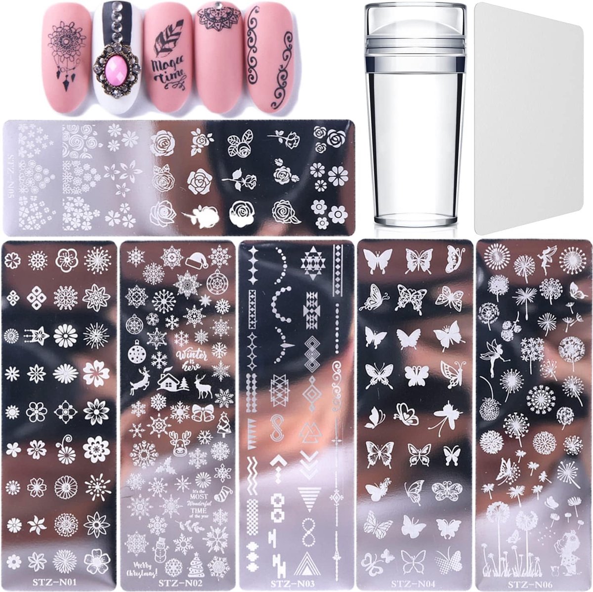 Goedkoopste Nail Art platen, 6 stuks sjablonen om nail-art op nagels te stempelen, met 1 x transparante stempel, 1 x schraper, nail-art tool voor vrouwen en meisjes