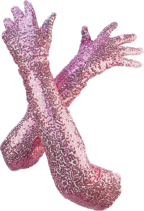 BamBella® - Handschoenen feest Lang Roze Glitter - dames - One Size