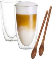 Swanza® Lofty Latte - Verres à café à double paroi - Verres à latte macchiato - Verres à thé - De forme fine - 350 ml - 2 pièces - Avec 2 Cuillères à café en bois d'acacia
