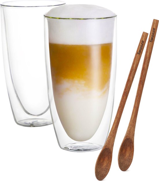 Swanza® Lofty Latte - Dubbelwandige Koffieglazen – Latte Macchiato Glazen – Theeglazen - Met Slanke Vorm - 350ML – 2 Stuks - Met 2 Acaciahouten Koffielepels