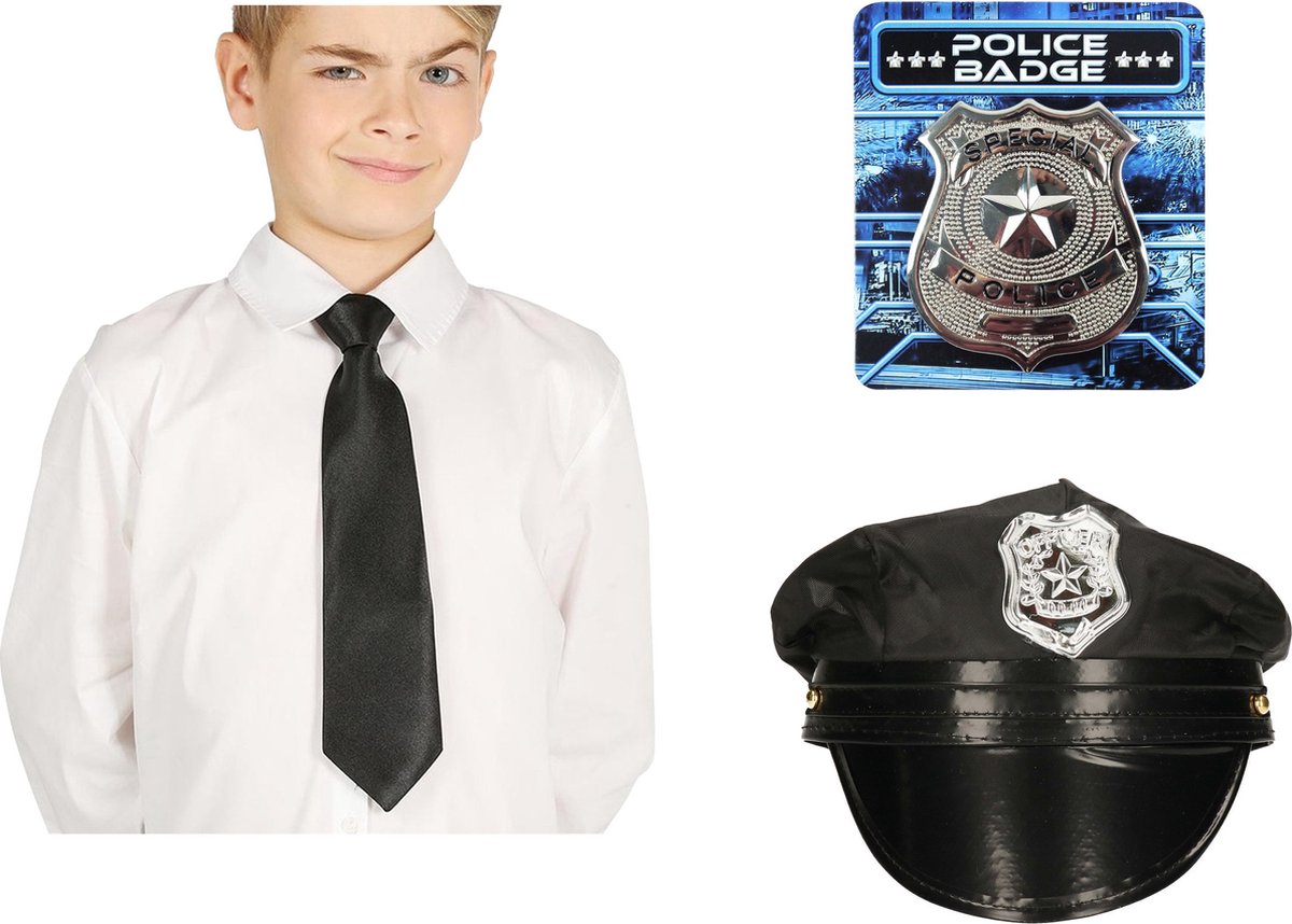 Carnaval verkleed politie agent pet - zwart - met stropdas/police badge - kinderen