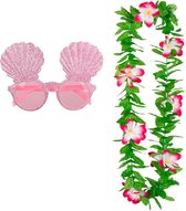 Tropische Hawaii party verkleed accessoires set - schelpen zonnebril - en bloemenkrans groen/roze - voor volwassenen
