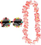 Tropische Hawaii party verkleed accessoires set - bloemen zonnebril - bloemenkrans multi-colour - voor volwassenen