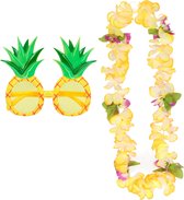 Ensemble d'accessoires de party tropicale hawaïenne - Lunettes de soleil ananas - et couronne de fleurs jaunes - pour adultes