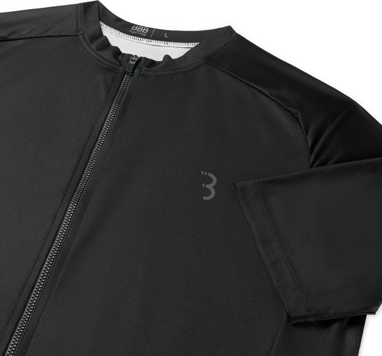 Zwarte korte mouwen fietsjersey voor heren, met rits aan de voorkant en een groot logo.