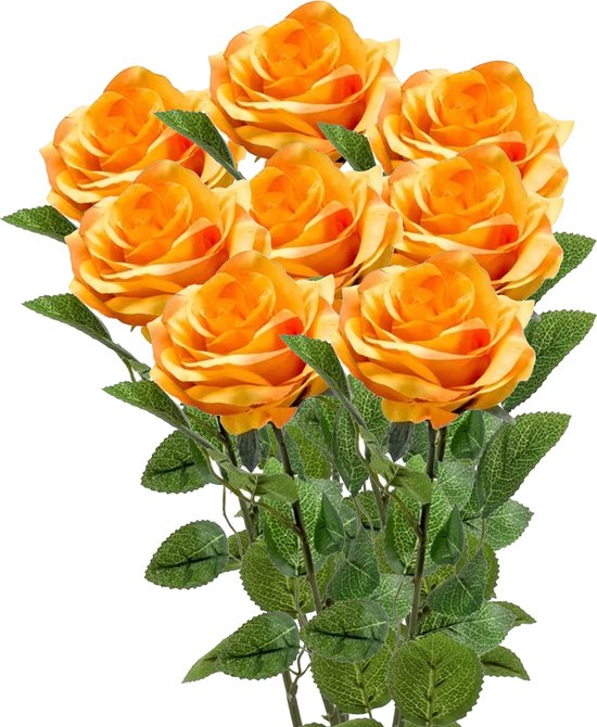 Bouquet de fleurs Fleurs artificielles Emerald rose Marleen - 8x - jaune - 63 cm - fleurs de décoration