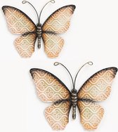 Wanddecoratie vlinders - set 2x - oranje - 30 x 21 cm - metaal - muurdecoratie