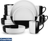 CasaVibe Luxe Serviesset – 48 delig – 12 persoons – Porselein - Bordenset – Dinner platen – Dessertborden - Kommen - Mokken - Set - Zwart - Wit