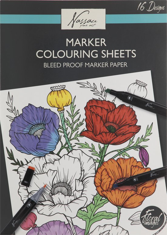 Nassau Fine Art Marker Kleurboek voor Volwassenen - Bloementhema met 16 Unieke Ontwerpen - Geschikt voor Alcoholstiften - Doorslagvrij - Afmeting 35x25cm