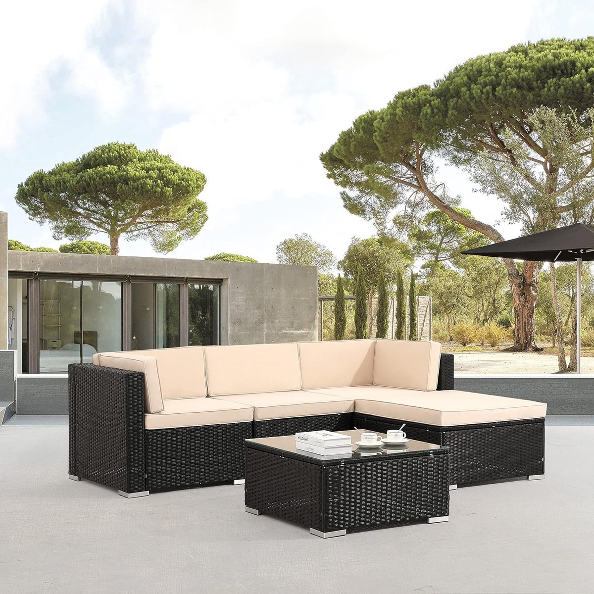 Arebos Poly rotan tuinmeubelen Lounge Palma | incl. zitkussen | 4 personen | UV-bestendig polyrotan vlechtwerk | tafel met glasplaat | vrij te combineren | zwart