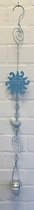 Deco theelichthouder "zon + vogel" met metalen ketting - blauw + white wash ketting & keramieke vogel + glazen ballen - lengte 100 cm - exclusief theelicht - Woondecoratie - Theelichthouder - Woonaccessoires