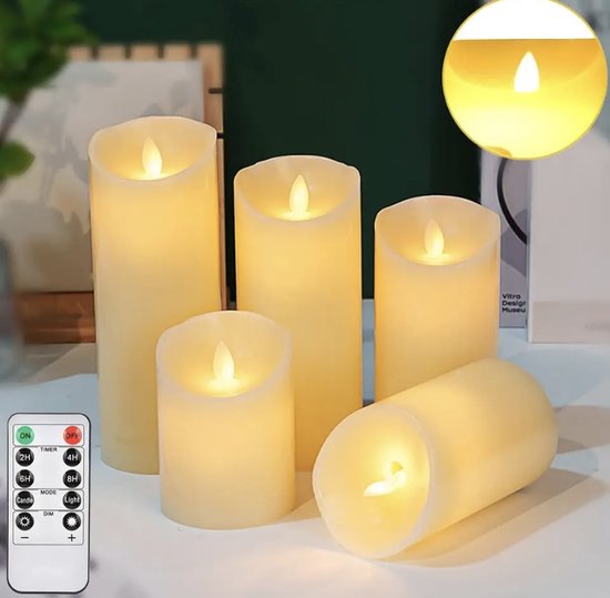 Flipx - LED Kaarsen met bewegende vlam - Wax - Set van 5 - Werkt op AAA Batterijen - diner kaarsen - flikkerende vlam -kaarsen op batterijen - led kaarsen met afstandsbediening