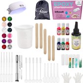 Fleau Kids Epoxy Set XXL - UV resin - Siliconen Mallen - Starterspakket - UV Lamp - Inclusief Giethars - 6 Kleuren - 12 Glitters - Sieraden/ Oorbellen Maken
