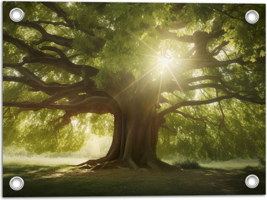 Tuinposter – Boom - Landschap - Zon - Zonnestralen - 40x30 cm Foto op Tuinposter (wanddecoratie voor buiten en binnen)