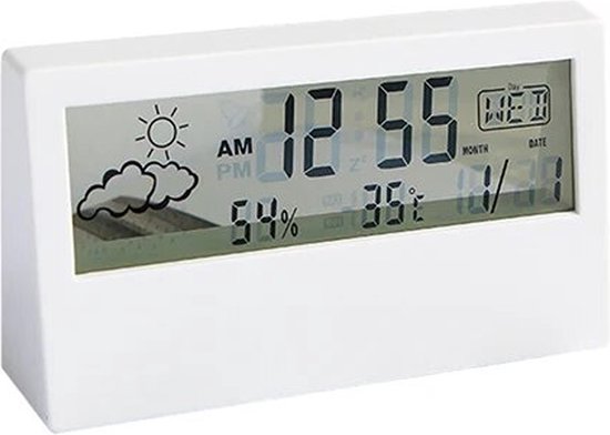 Foto: Weerstation met temperatuur en vochtigheidsmeter inclusief batterijen temperatuurmeter met wekker wit