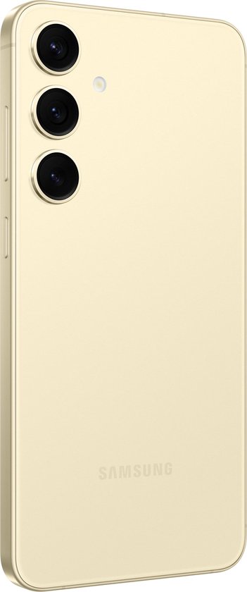 Achterkant van een gouden Samsung Galaxy S24+ met drie camera's.