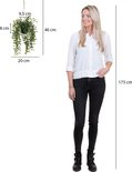 Vrouw van 175 cm staat naast een groene hangplant (H46 x Ø20 cm).