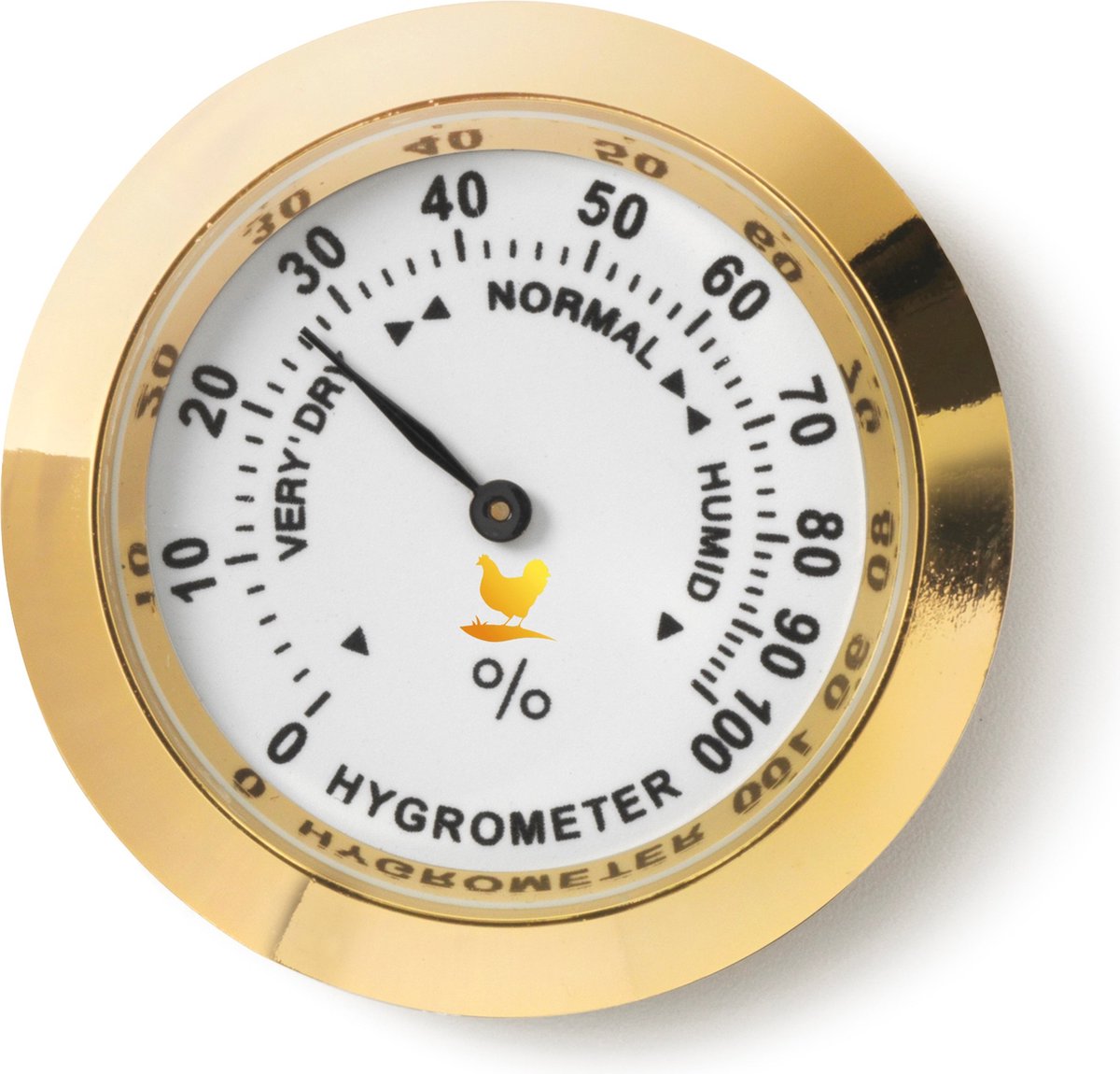 Hygrometer - analoog - goudkleurig - 37 mm groot - 9 mm dik - kleine hygrometer - vochtmeter