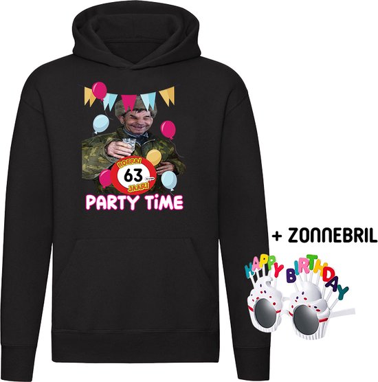 Party time 63 jaar Hoodie + Happy birthday bril - feest - verjaardag - jarig - 63e verjaardag - grappig - unisex - trui - sweater - capuchon