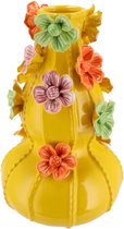 Supervintage gele aardewerk vaas met 3 bollen met aardewerk gekleurde bloemen 19 x 31 cm Large