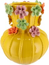 Supervintage gele aardewerk vaas met aardewerk bloemen 26 x cm Large