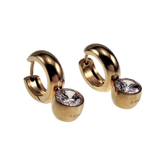 ∅15mm x 5mm Oorringen Dames - Verguld RVS - Oorbellen met Afneembaar Hanger van Zirkoonsteen